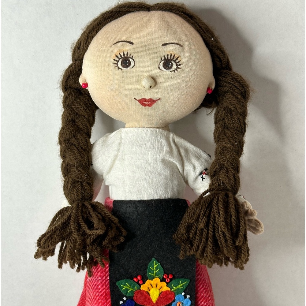 Ethnic Hand Made Cloth Doll Painted Face Brown Eyes and Yarn Hair Appliquéd